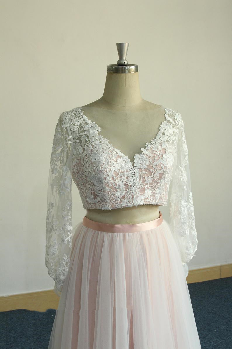 Pink Two Piece Long Sleeve Wedding Dress with Tulle Skirt White Lace Overlayer,20082226-Dolly Gown