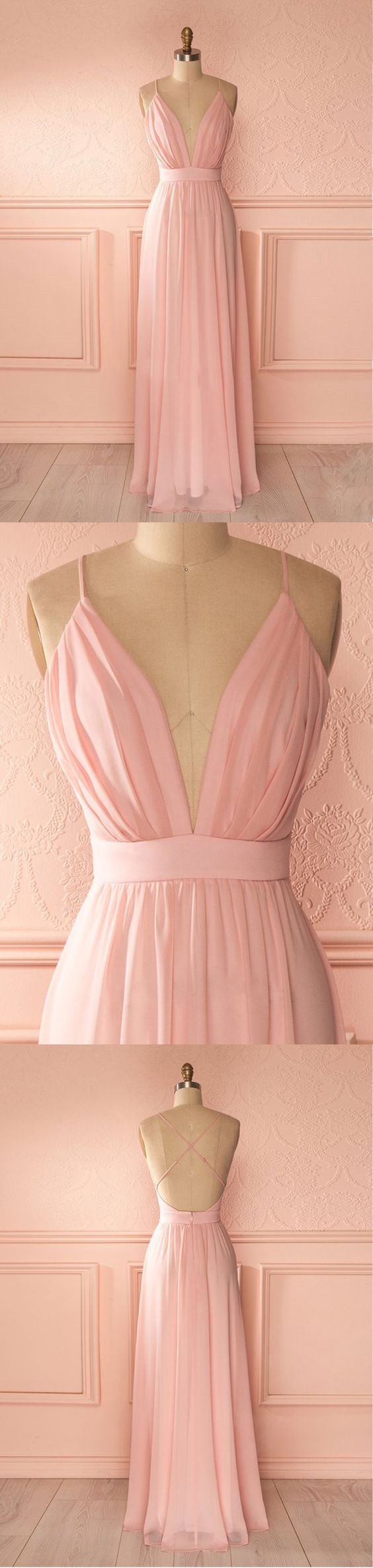 Pink Chiffon Bridesmaid Dresses Long Plunge V neck Prom Dress GDC1184-Dolly Gown