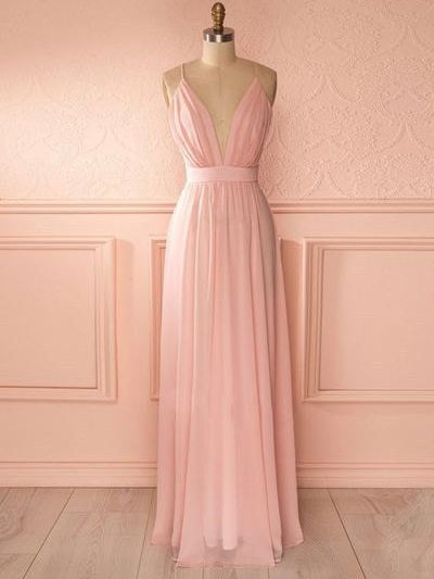 Pink Chiffon Bridesmaid Dresses Long Plunge V neck Prom Dress GDC1184-Dolly Gown