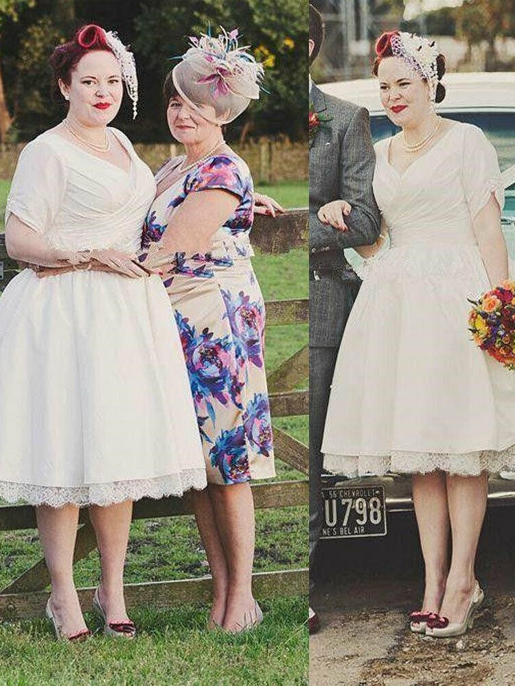Pinup Short Sleeved Rockabilly 1950s Style Tea Length Wedding Dress,20082027-Dolly Gown