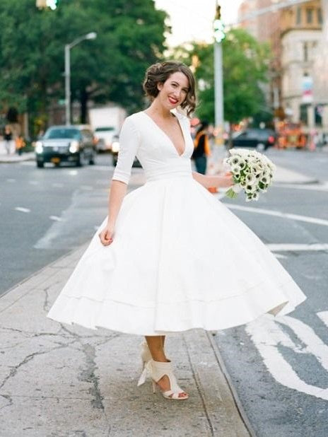 Plunge V neck Long Sleeve Tea Length Pinup Full Skirt 50s Style Wedding Dress with Sleeves,20081624-Dolly Gown