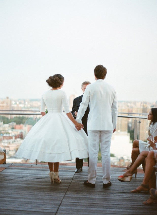 Plunge V neck Long Sleeve Tea Length Pinup Full Skirt 50s Style Wedding Dress with Sleeves,20081624-Dolly Gown