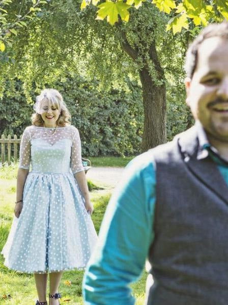 Polka Dot Gowns,Tea Length Wedding Dress,Blue Wedding Dress,Wedding Dress with Sleeves,WS060-Dolly Gown