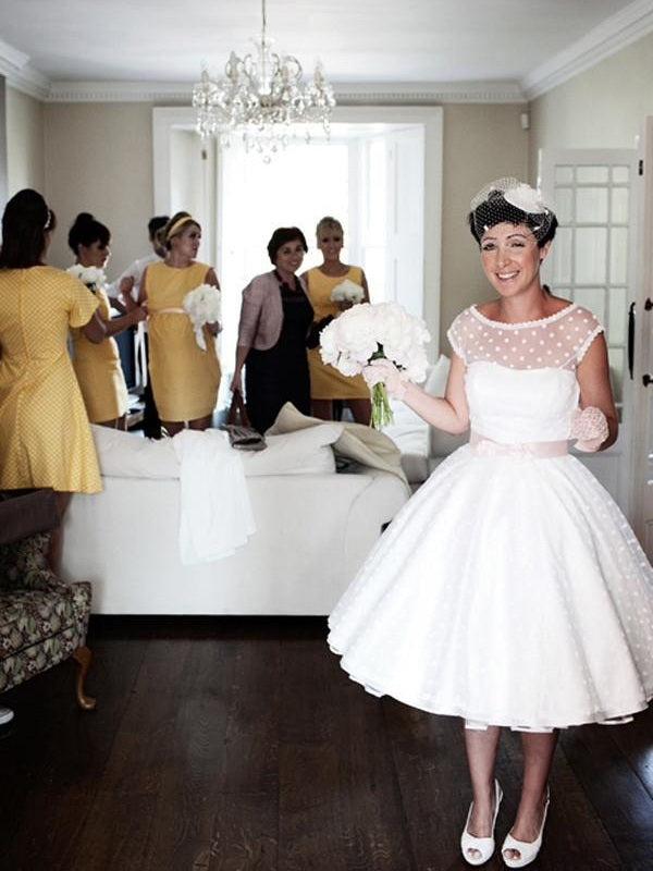 vintage 50s wedding dresses Grace Kelly Gown, Dress, 1950s Sewing Pattern Vintage Sewing Pattern Company 50s vintage style lace wedding dress sprinkled with flowers with round neckline Polka Dot Wedding Dress Tea