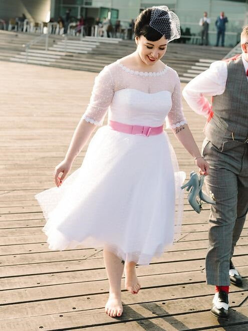 Polka Dot Bateau Neck 50s Inspired Tea Length Wedding Dress with 1/2 Sleeves,20101612-Dolly Gown