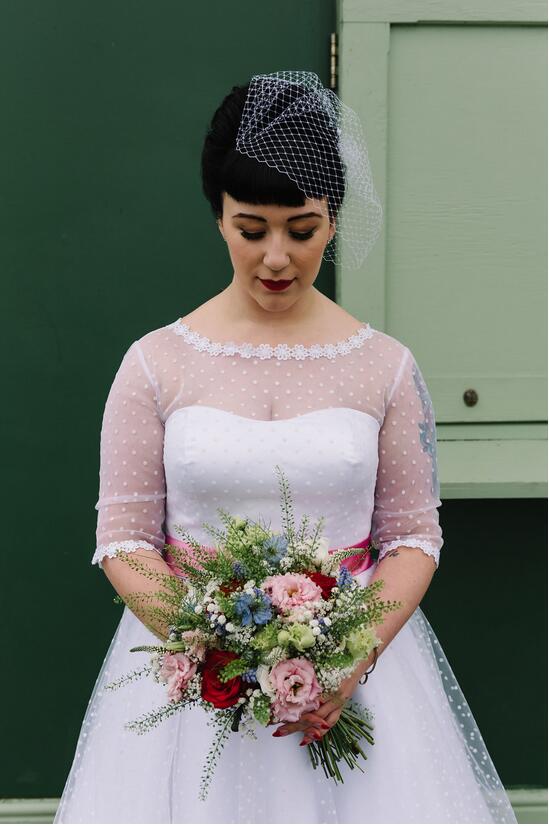 Polka Dot Bateau Neck 50s Inspired Tea Length Wedding Dress with 1/2 Sleeves,20101612-Dolly Gown