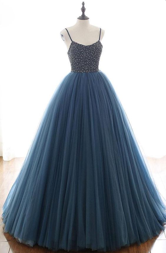 Poofy Oxford Blue Tulle Ball Gown Prom Dress - DollyGown