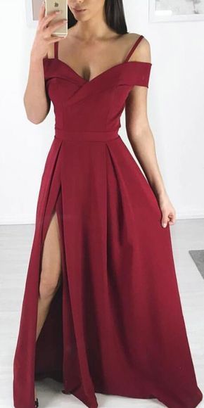 Popular Burgundy Slit Off Shoulder Party Formal Prom Dress GDC1056-Dolly Gown