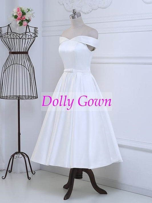 Pretty 50s Inspired Off Shoulders Tea Length Vintage Wedding Dress with Cute Bow at Waist,DO001-Dolly Gown