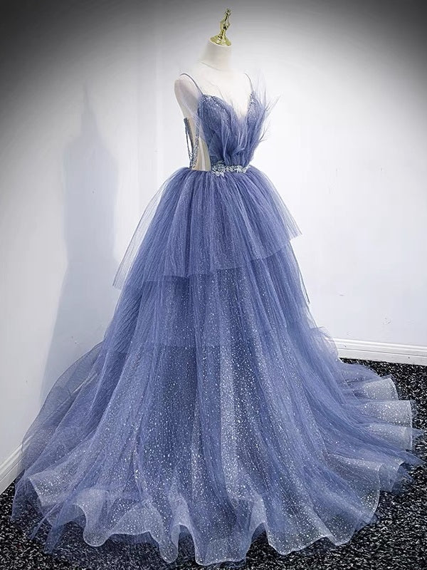 Princess Ball Gown Dusty Blue Tiered Prom Dress - Dollygown