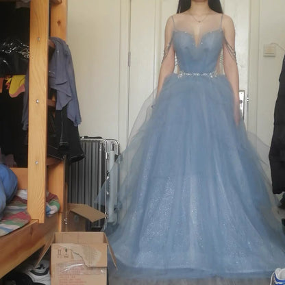 Princess Ball Gown Dusty Blue Tiered Prom Dress - Dollygown