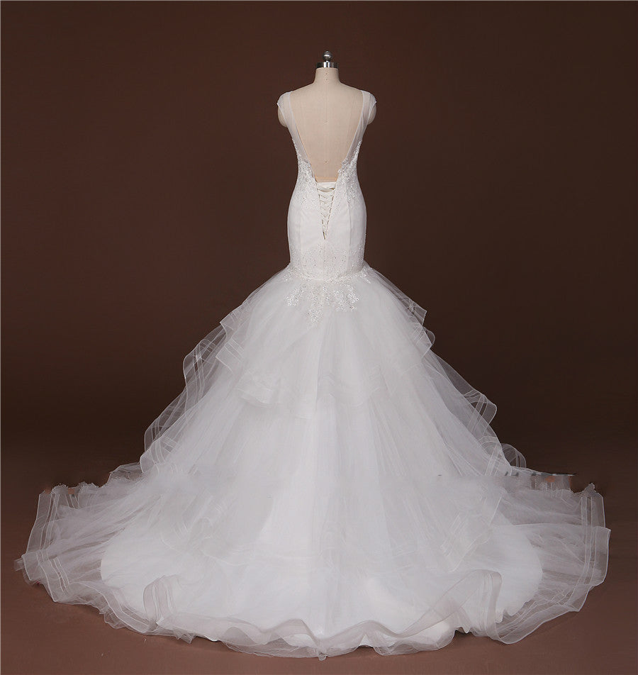 Low Back Princess Jewel Neck Fit and Flare Wedding Dress with Bling Low Back Princess Jewel Neck Fit and Flare Wedding Dress with Bling