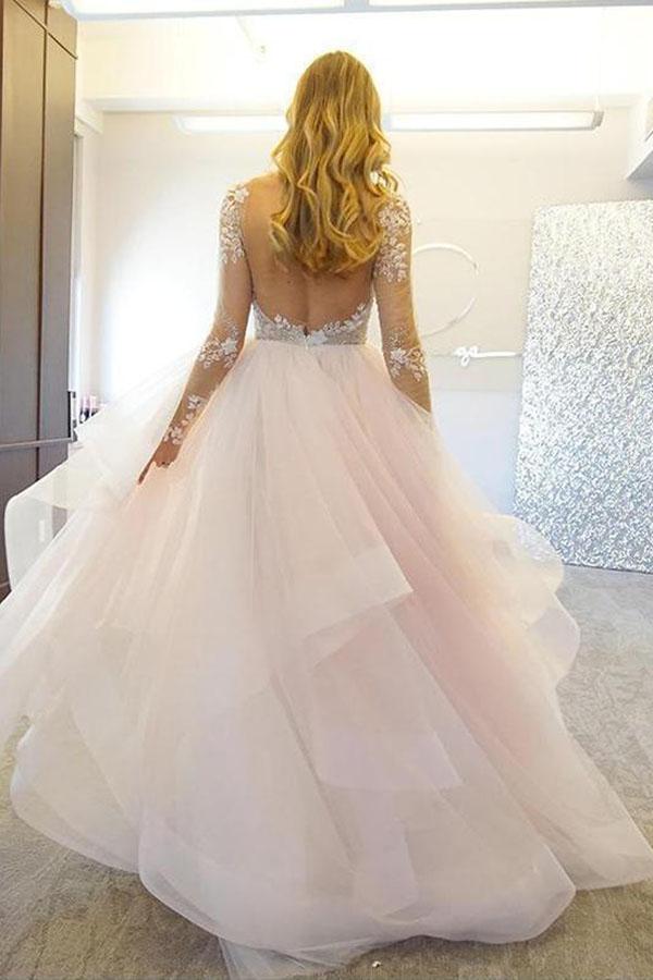 Backless Tulle Skirt Long Sleeve Princess Ruffle Wedding Dress with Sleeves Backless Tulle Skirt Long Sleeve Princess Ruffle Wedding Dress with Sleeves