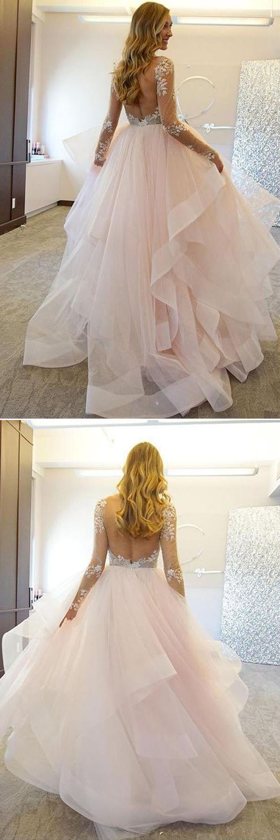 Backless Tulle Skirt Long Sleeve Princess Ruffle Wedding Dress with Sleeves GDC1131-Dolly Gown