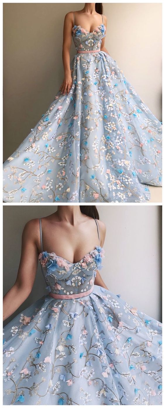 Princess Blue See Through Floral Spaghetti Straps A 鈥搇ine Prom Dress Formal Dress,GDC1245-Dolly Gown