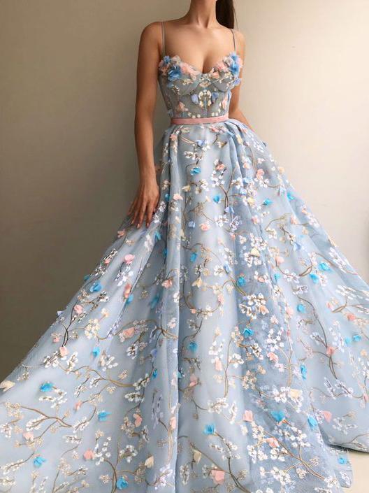 Princess Blue See Through Floral Spaghetti Straps A 鈥搇ine Prom Dress Formal Dress,GDC1245-Dolly Gown
