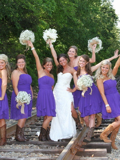 Purple Short Chiffon Bridesmaid Dresses with Cowgirl Boots,20081825-Dolly Gown