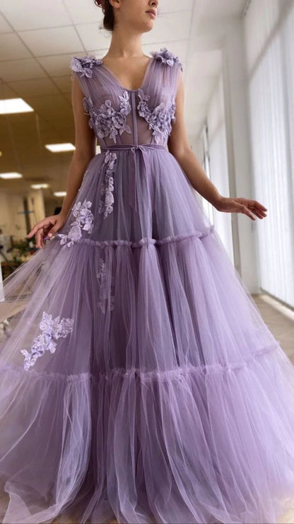 Purple Tulle See through Prom Dress