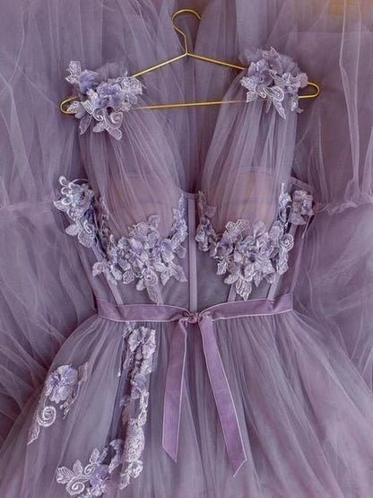 Purple Tulle See through Prom Dress