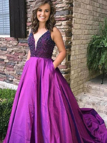 Purple Teens Ball Gown Plunge V neck Beading Prom Dress with Pockets,GDC1118-Dolly Gown
