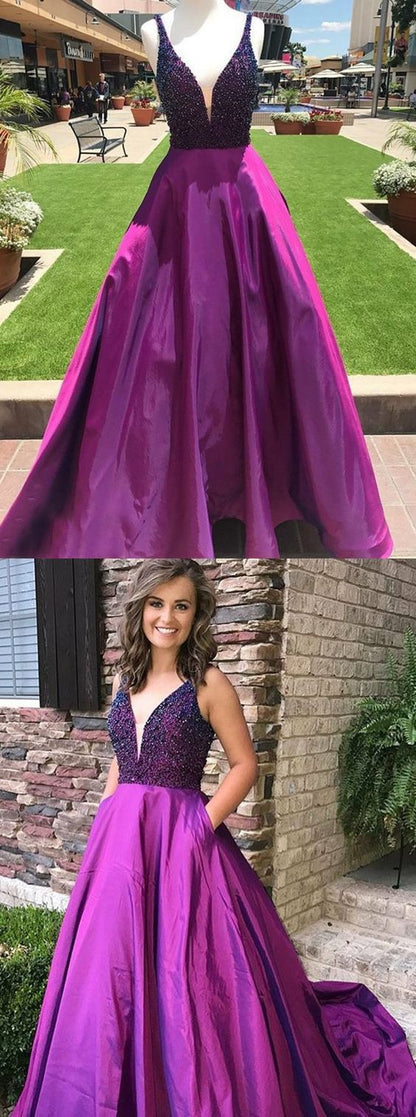 Purple Teens Ball Gown Plunge V neck Beading Prom Dress with Pockets,GDC1118-Dolly Gown