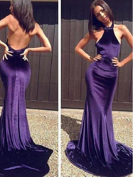 Purple Velvet Mermaid Halter Prom Dress Formal Occasion Dress,GDC1088-Dolly Gown