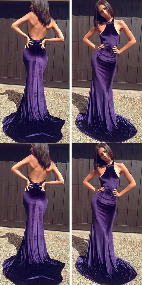 Purple Velvet Mermaid Halter Prom Dress Formal Occasion Dress,GDC1088-Dolly Gown