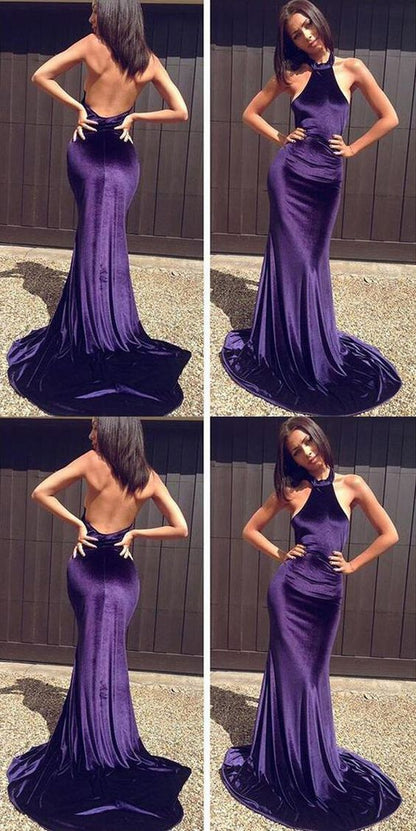 Purple Velvet Mermaid Halter Prom Dress Formal Occasion Dress,GDC1088-Dolly Gown