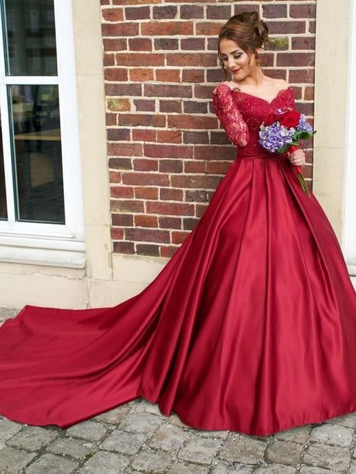 Red Off the Shoulder Lace Top Ball Gown Wedding Dress With Long Sleeves