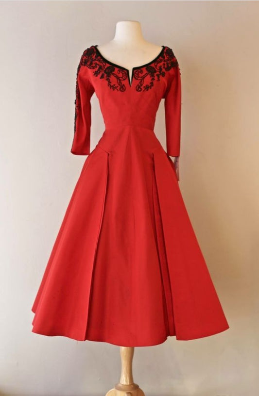 Red Vintage Tea length Formal Dresses with 3/4 sleeves - DollyGown