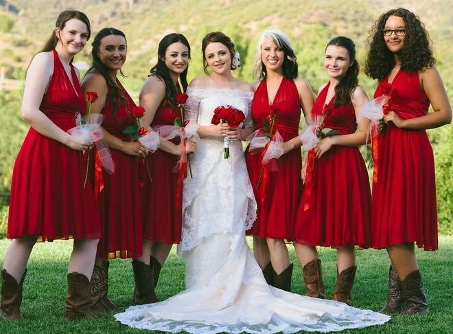 Red Chiffon Country Halter Neck Bridesmaid Dresses Short with Cowboy Boots,GDC1510-Dolly Gown