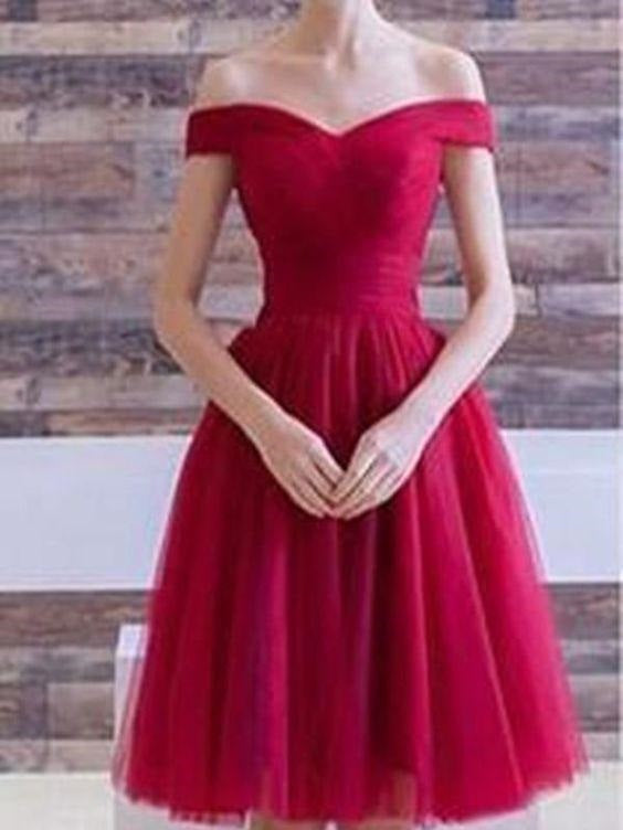 Red Off the Shoulder Tulle Short Prom Dres Short Red Homecoming Dress GDC1315-Dolly Gown