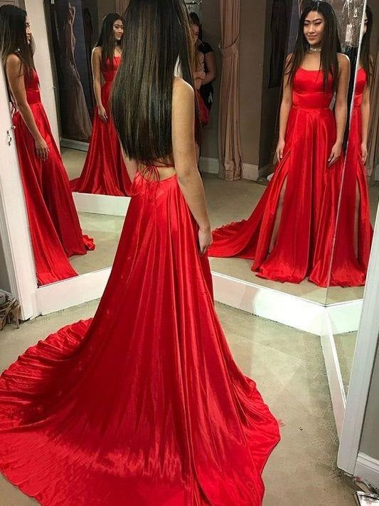 Red Simple Prom Dress Long Formal Gown with Chapel Train,Backless Red Gown,GDC1010-Dolly Gown