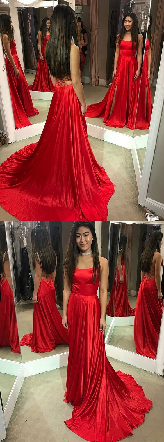 Red Simple Prom Dress Long Formal Gown with Chapel Train | Backless Red Gown