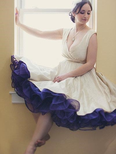 Retro Elegant Plunge Cross V neck A-line Tea Length Wedding Dress,Brautkleid Rockabilly Style,200891907-Dolly Gown