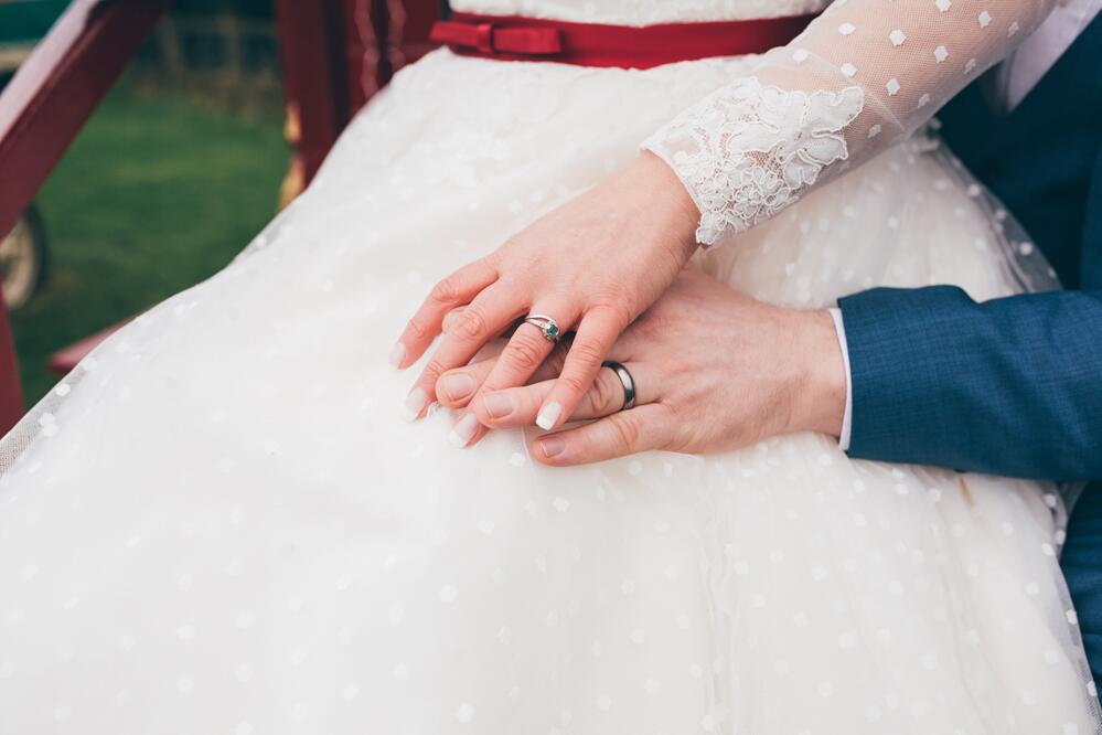 Affordable Retro Style 50s Polka Dots Tea Length Wedding Gown with Long Lace Appliques Cuff Sleeves, 20082801 - DollyGown