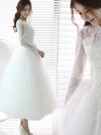 Retro Style Long Sleeve Lace Tulle Full Circle Tea Length Wedding Dress,20082220-Dolly Gown