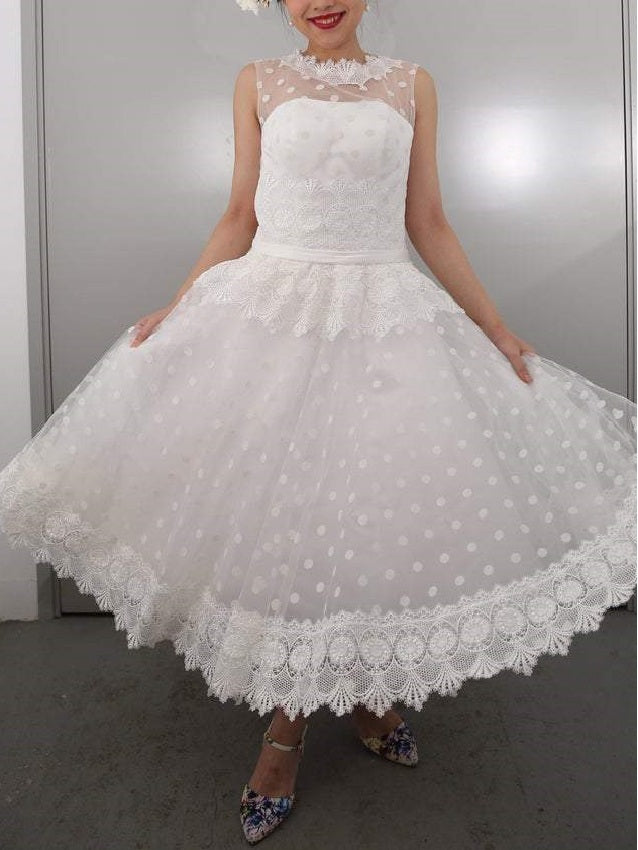 Retro Style Stunning Polka Dot 1950s Style Modest Tea Length Wedding Dress,20082001-Dolly Gown