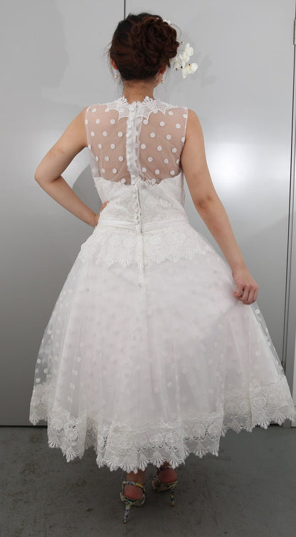 Retro Style Stunning Polka Dot 1950s Style Modest Tea Length Wedding Dress,20082001-Dolly Gown