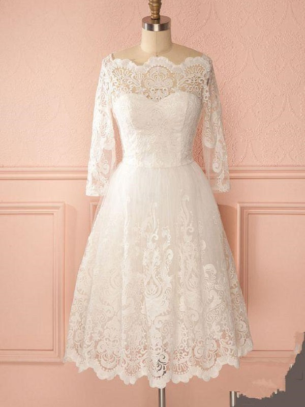Retro 50s Off the Shoulder Lace Short Vintage Wedding Dress with Long  Sleeves GDC1522