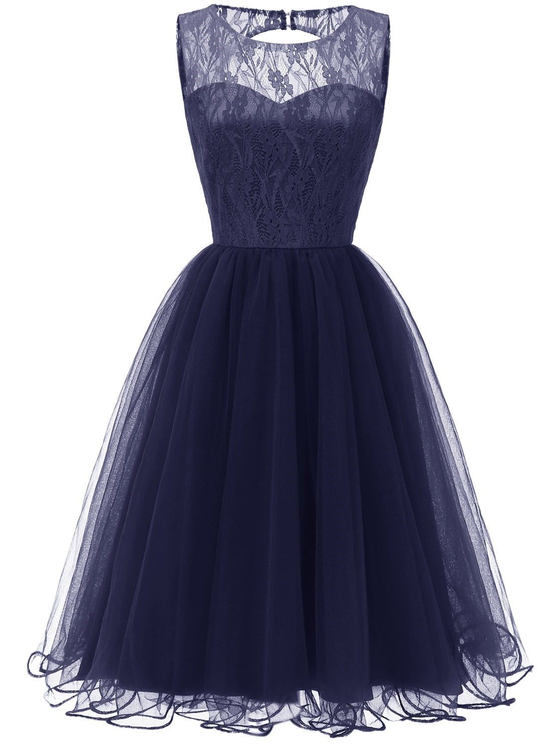 Retro Modest Navy Blue Lace Tulle Cocktail Dress Short Vintage Homecoming Dress, 074N-Dolly Gown