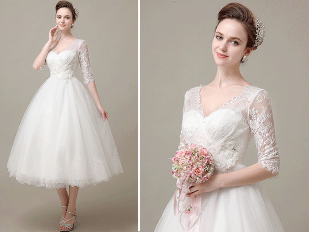 Retro inspired Long Sleeved Lace Wedding Dress Tea Length,Pinup Rockabilly Style Bridal Gown,20081801-Dolly Gown