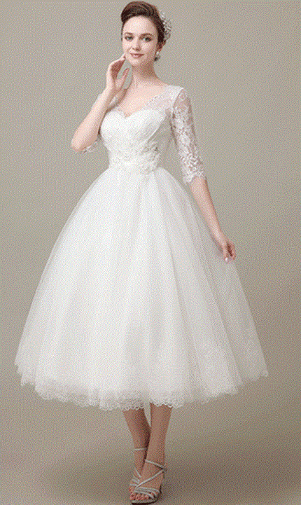 Rockabilly Vestido Vestido Novia Pin Up Pinup Swiss Dot Short Wedding Dress  With 3/4 Sleeves