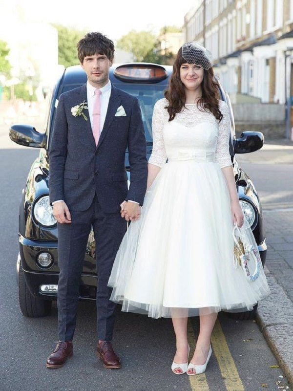 Rockabilly Hochzeitskleider 50er Jahre Hochzeitskleid Tea Length Wedding Dress with Sleeves,20081632-Dolly Gown