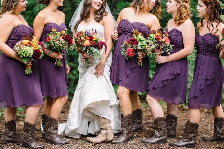 Rockabilly Purple Strapless Chiffon Summer Short Bridesmaid Dresses with Boots,20082025-Dolly Gown