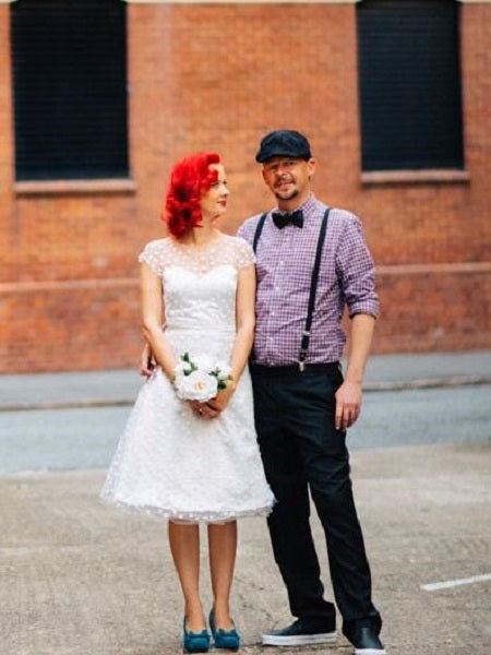 Rockabilly White Short Polka Dot  50s Style Cap Sleeves Wedding Dress 20110225-Dolly Gown