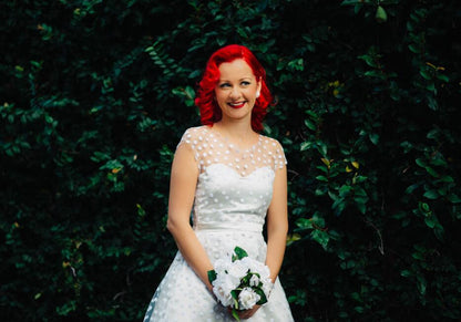 Rockabilly White Short Polka Dot  50s Style Cap Sleeves Wedding Dress 20110225-Dolly Gown