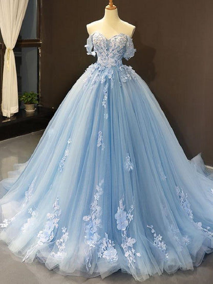 Romantic Blue Off the Shoulder Tulle Lace Appliques Ball Gown for Prom,20081621-Dolly Gown
