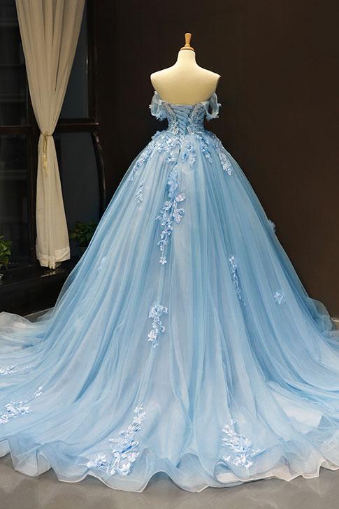 Romantic Blue Off the Shoulder Tulle Lace Appliques Ball Gown for Prom,20081621-Dolly Gown