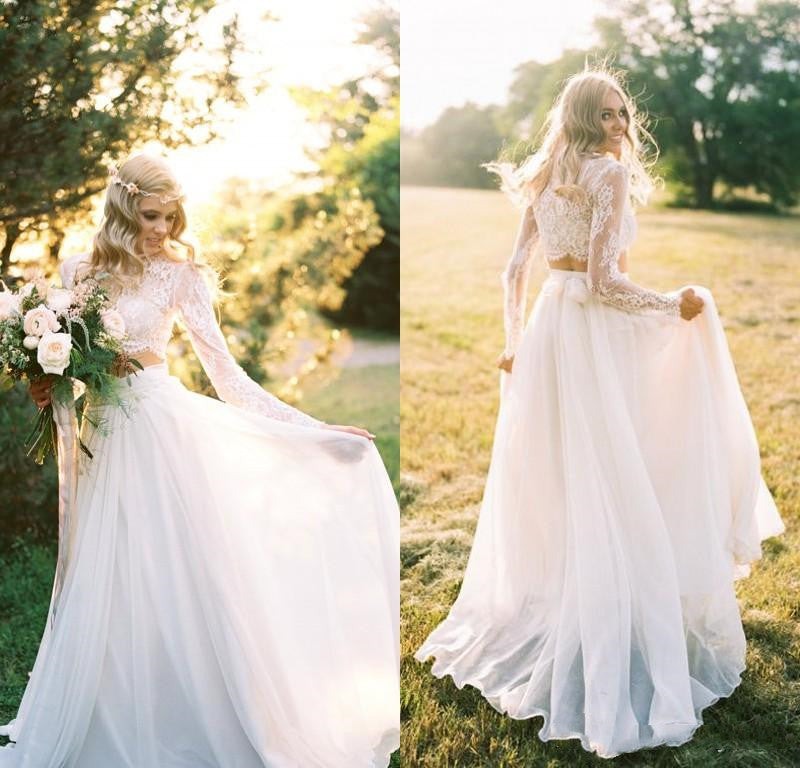 Romantic Boho Flowy Long Sleeve Lace Crop Top Bridal Separates with Chiffon Skirt Romantic Boho Flowy Long Sleeve Lace Crop Top Bridal Separates with Chiffon Skirt